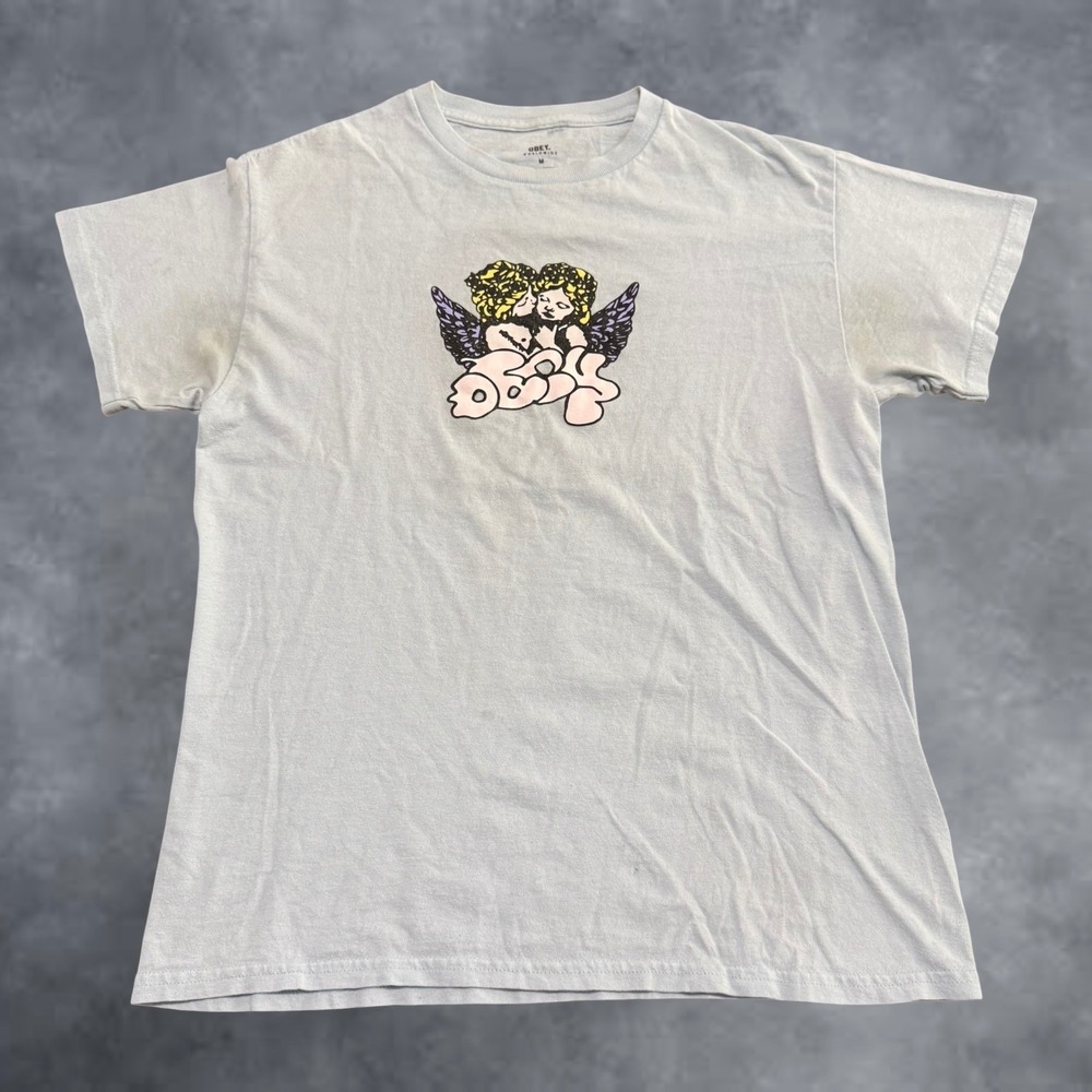 Obey Worldwide Mens Cherub Angel Graphic T-Shirt Light Blue Gray Size M